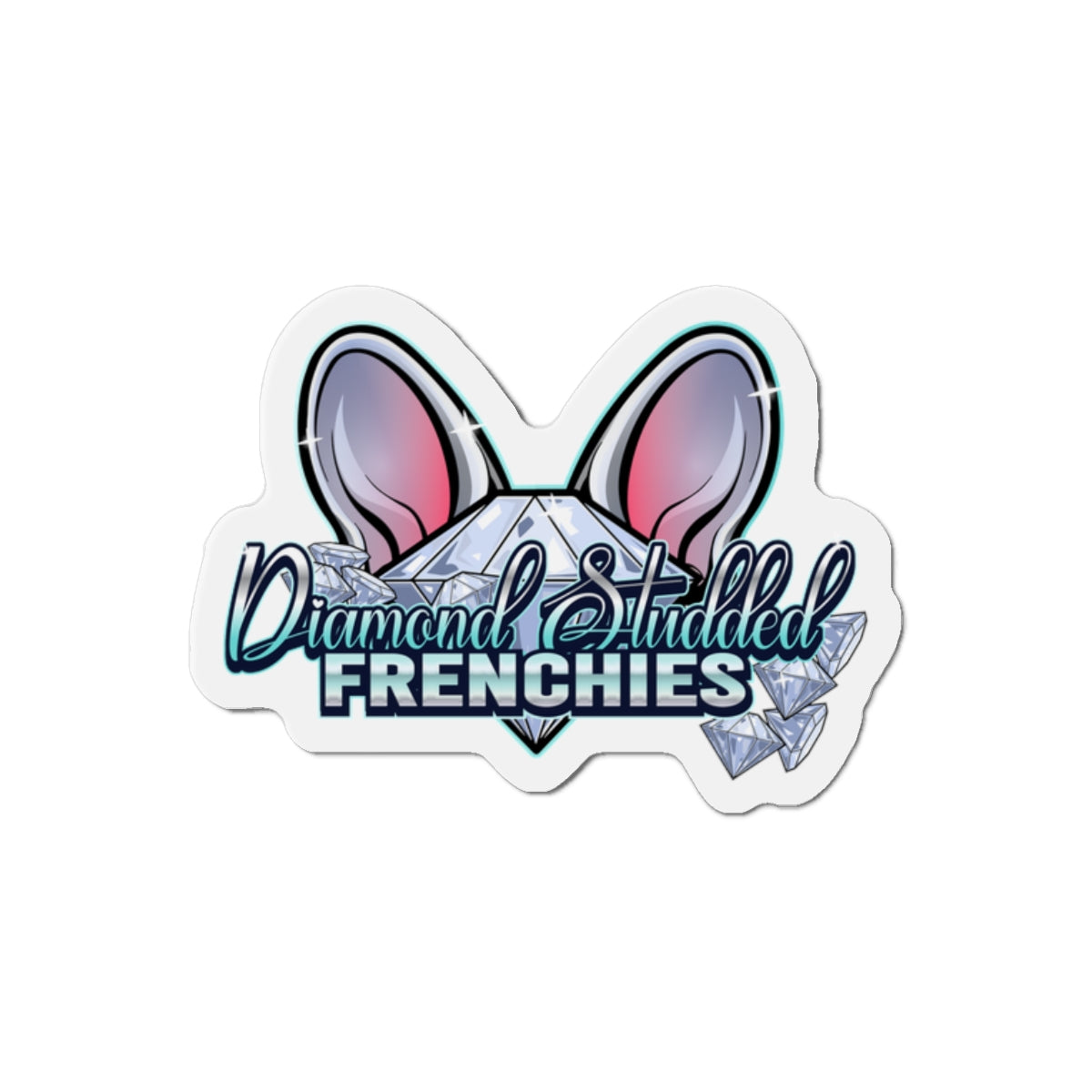 Diamond-Studded Frenchies Die-Cut Magnet — Cute French Bulldog Ears & Gem Design