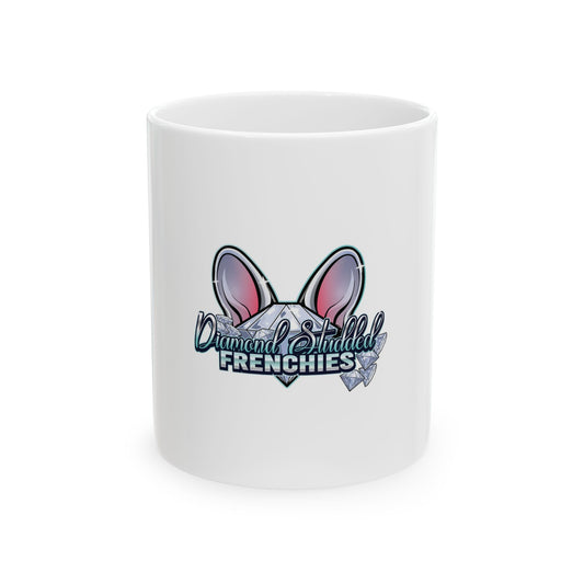 Frenchies Diamond Shield Mug — Cute French Bulldog Ears Logo Ceramic Coffee Cup (11oz/15oz)