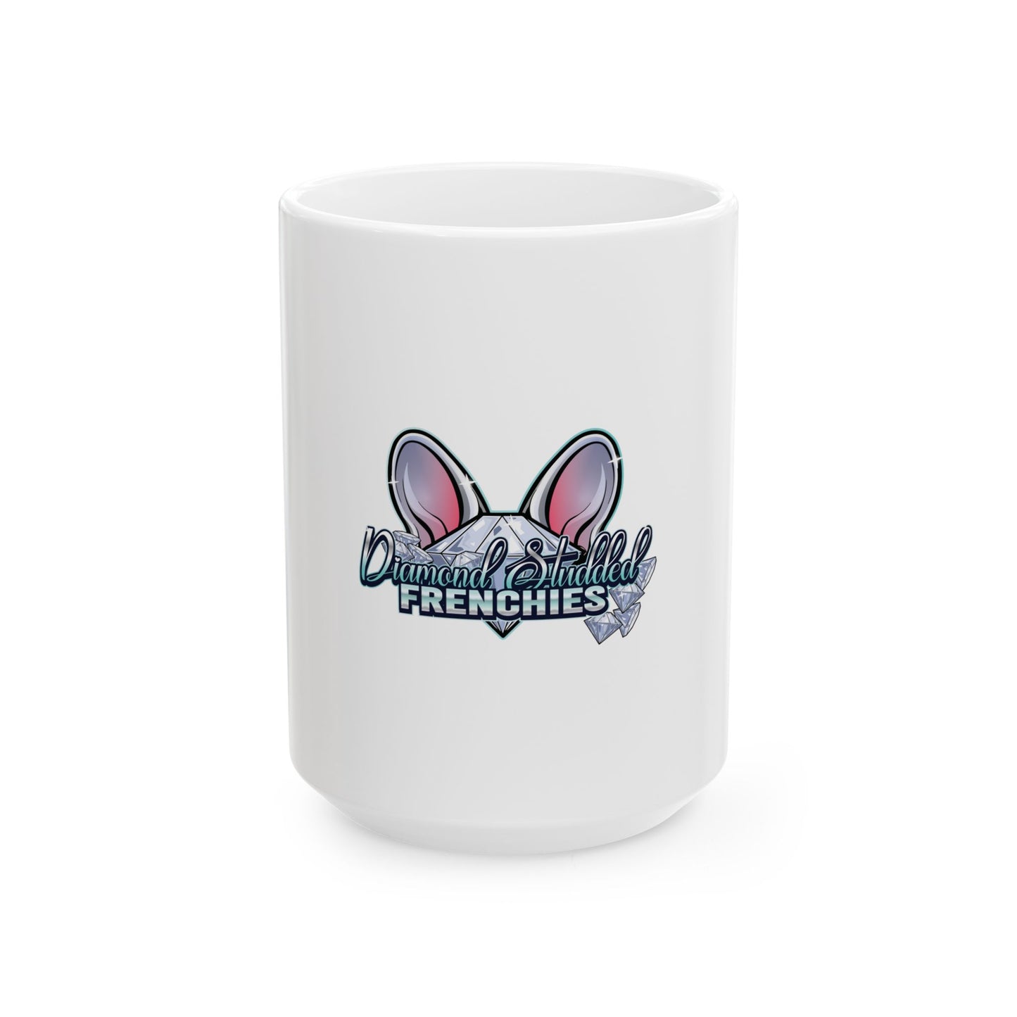 Frenchies Diamond Shield Mug — Cute French Bulldog Ears Logo Ceramic Coffee Cup (11oz/15oz)
